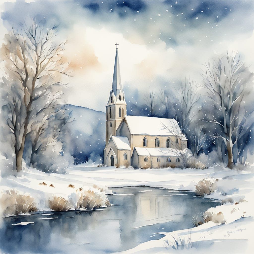 Serene Winter Watercolor of Falmer Church and Pond
