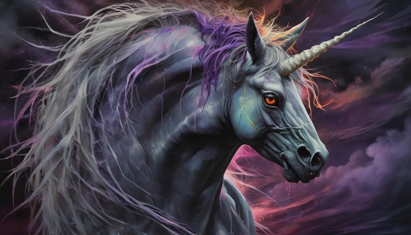 Surreal Art Deco Unicorn Vampire in Stormy Night