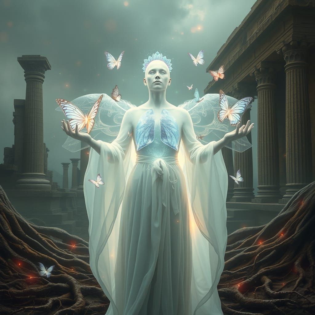 Ethereal Humanoid Figure with Glass Butterflies