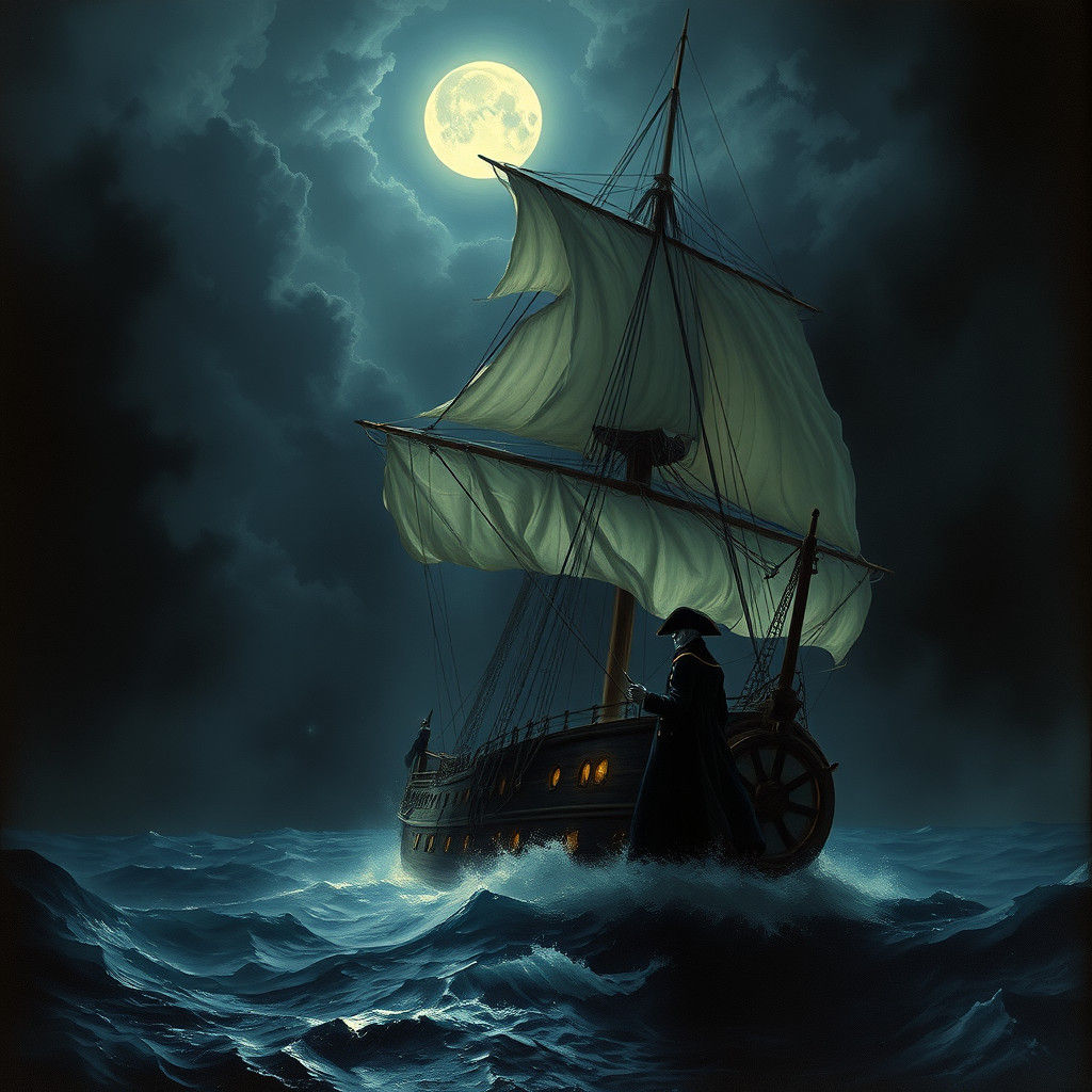 Ghostly Flying Dutchman Sailing Ship in Romantic Style