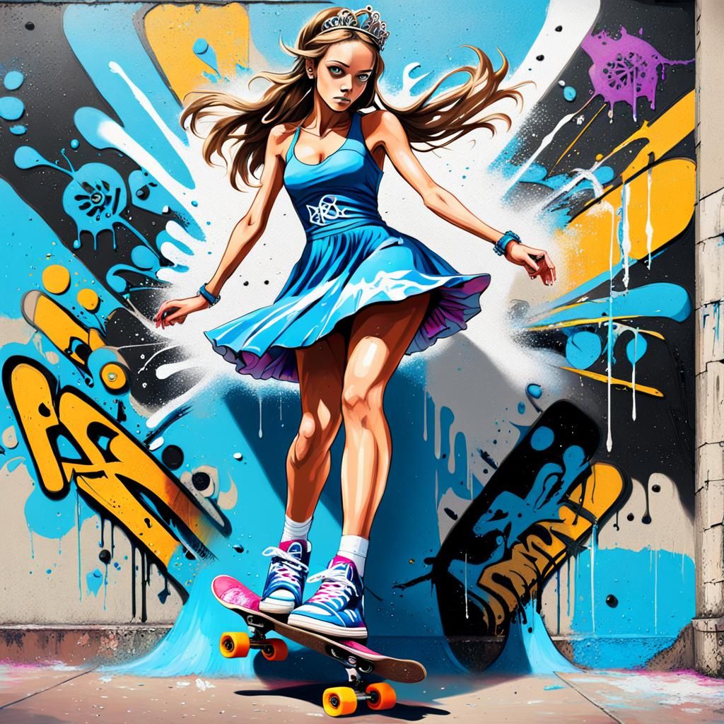 Skater Girl in Prom Dress: Graffiti Street Art