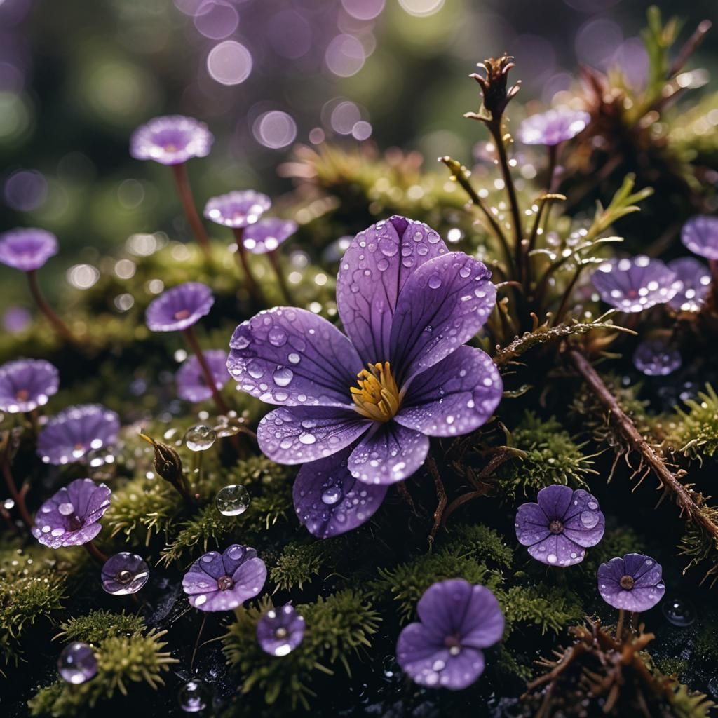 Violet Flower Macro Photography with Dew and Bokeh