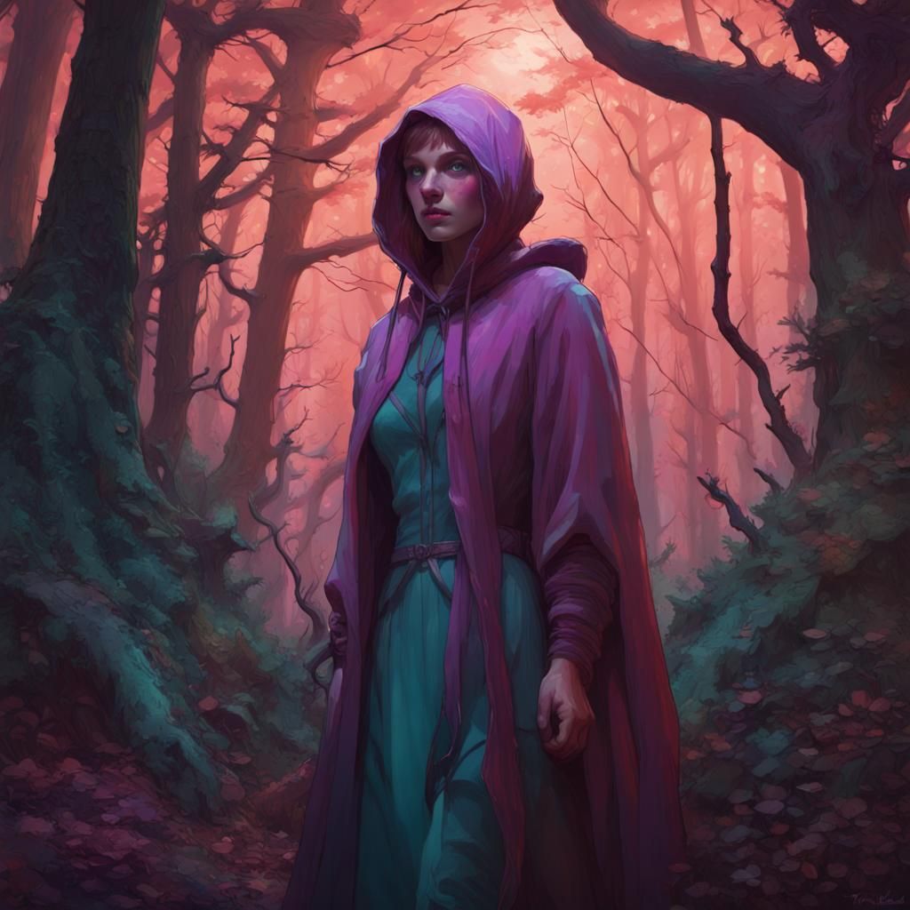 Pink-Haired Hunter in a Dark Forest, Hyperdetailed Art
