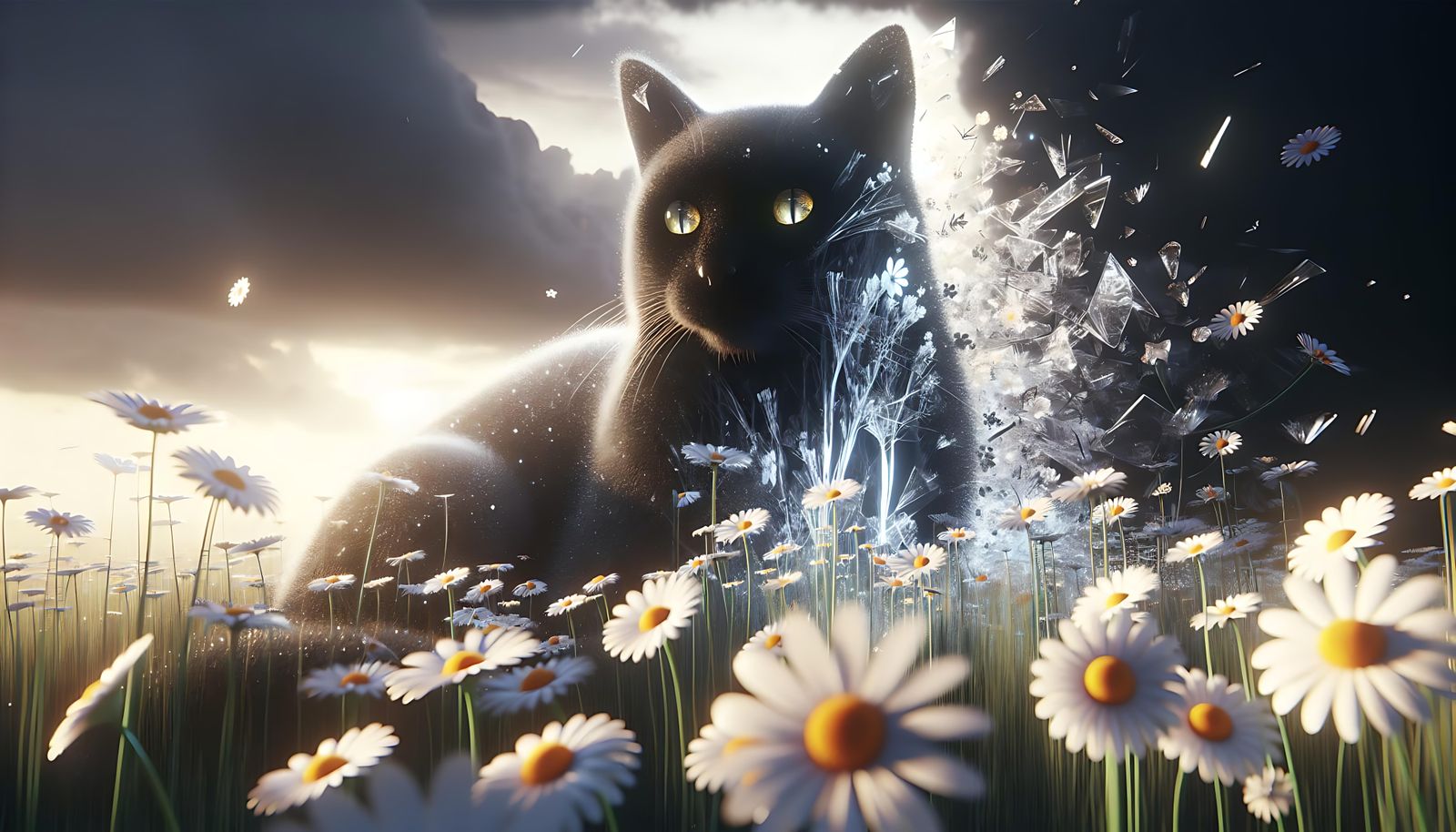 Glass Cat in Daisy Field with Double Exposure