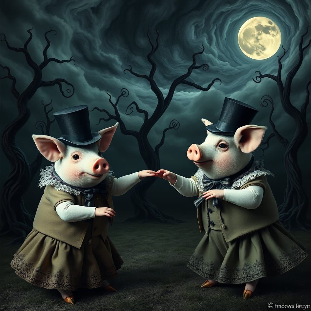 Whimsical Pigs in Gothic Wonderland, in a Dreamlike Cyberpun...