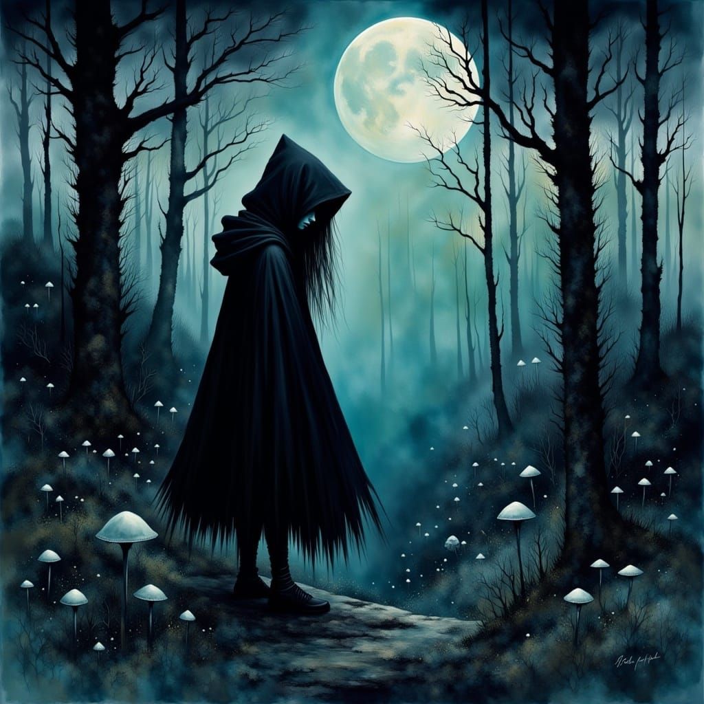 Mystical Forest Dusk with Girl in Ethereal Illustration