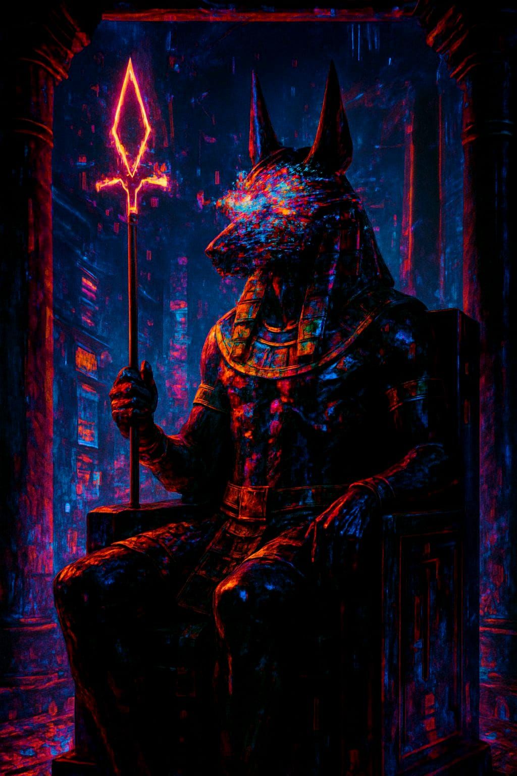 Anubis in Cyberpunk City: Glitch Art Kaleidoscope