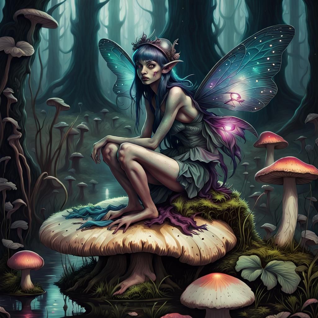 Dark Fairy on Mushroom in Swamp: Dark Fantasy Art