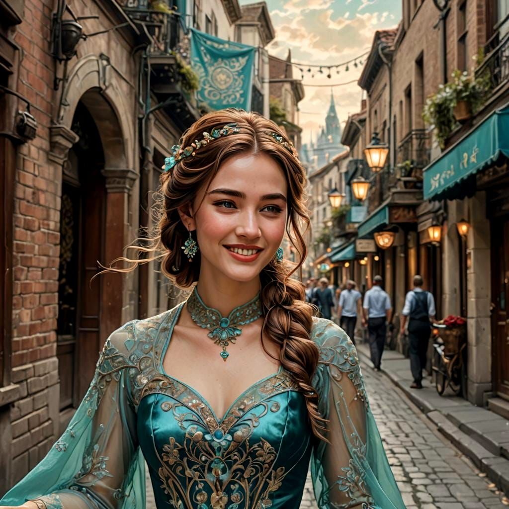 Venetian Woman in Renaissance Street, Art Nouveau Style