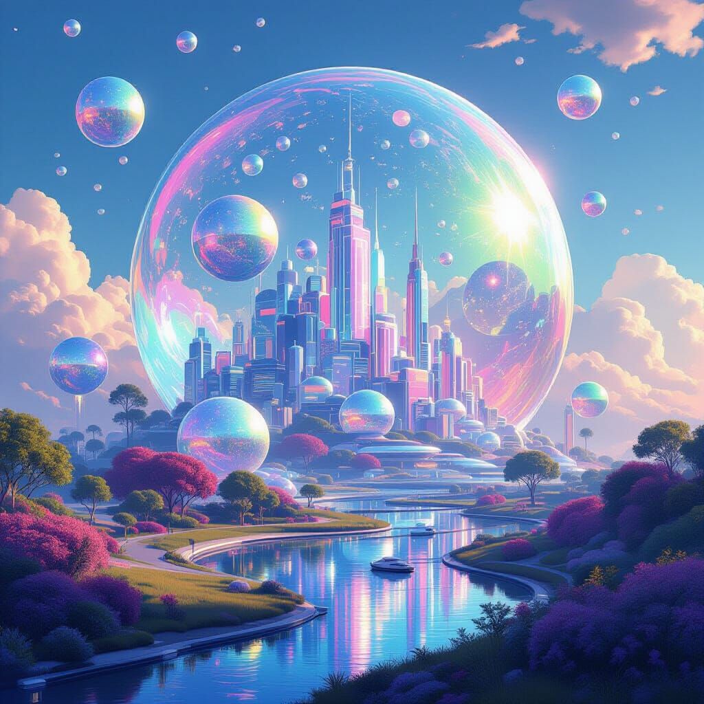 Iridescent Bubble Planet in Futuristic Style