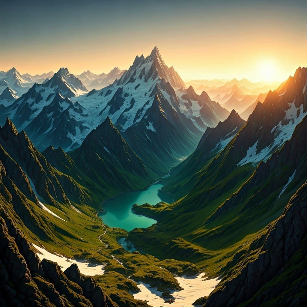 Heart-Shaped Lake in Snow-Capped Mountains at Dawn