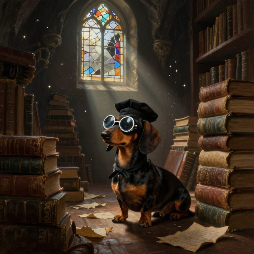 Dachshund Scholar in Ancient Library