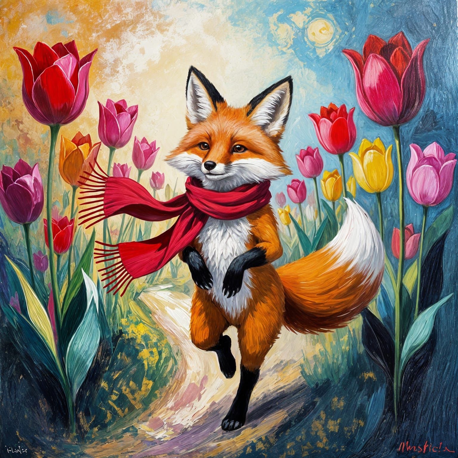 Dancing Fox in Tulip Forest, Impasto Painting