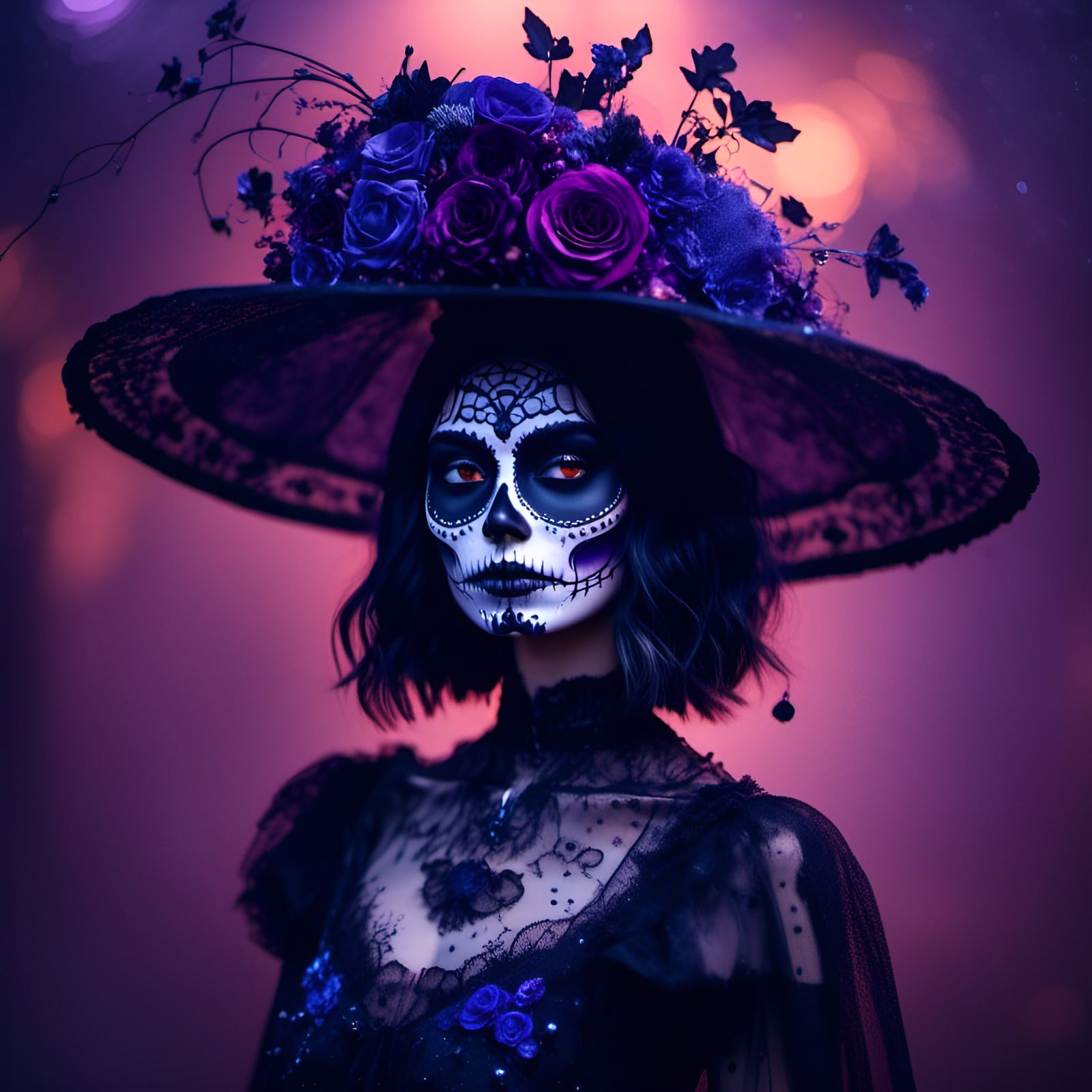Neon Calavera Catrina in Graveyard, Pixar Style