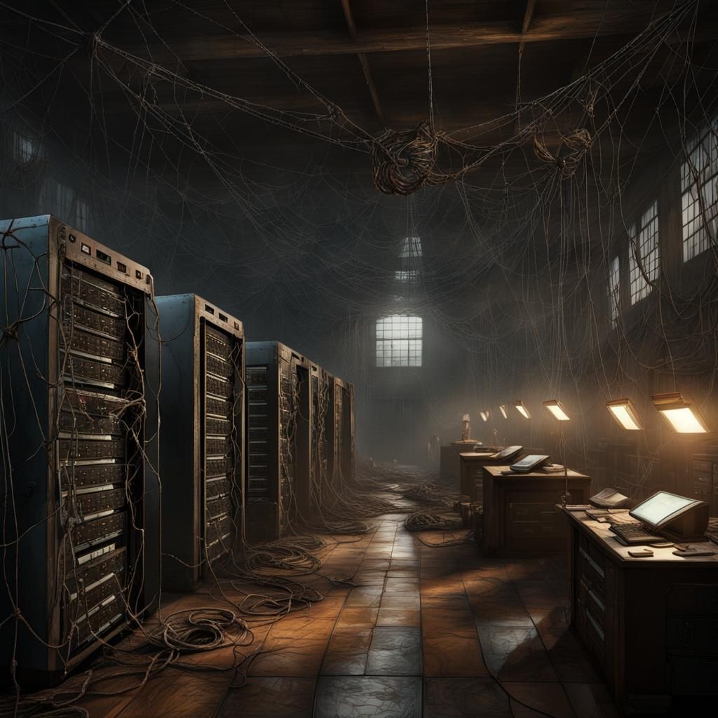 Dark Fantasy Server Room with Giant Spider