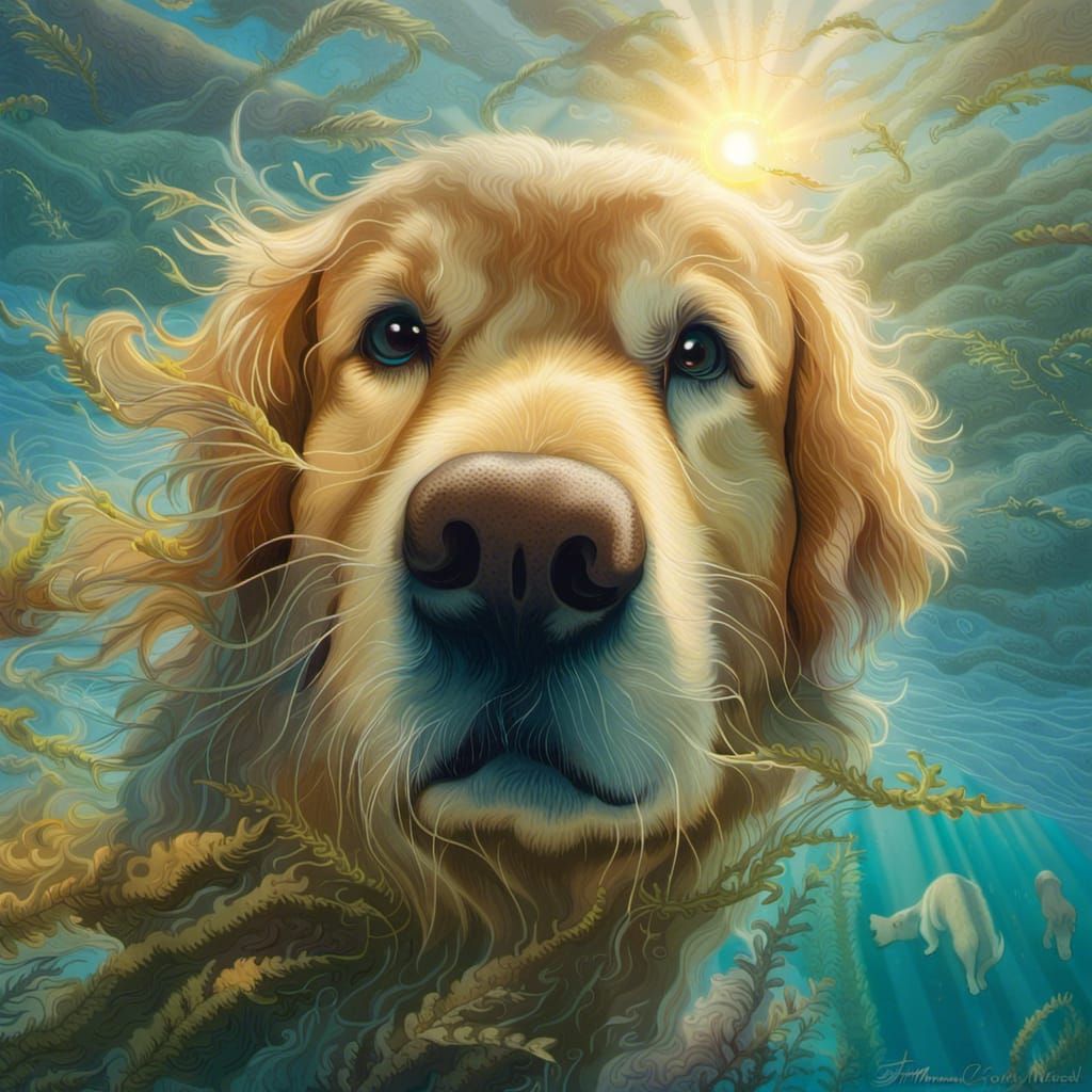 Golden Retriever Underwater: Hyperrealistic Ethereal Fantasy