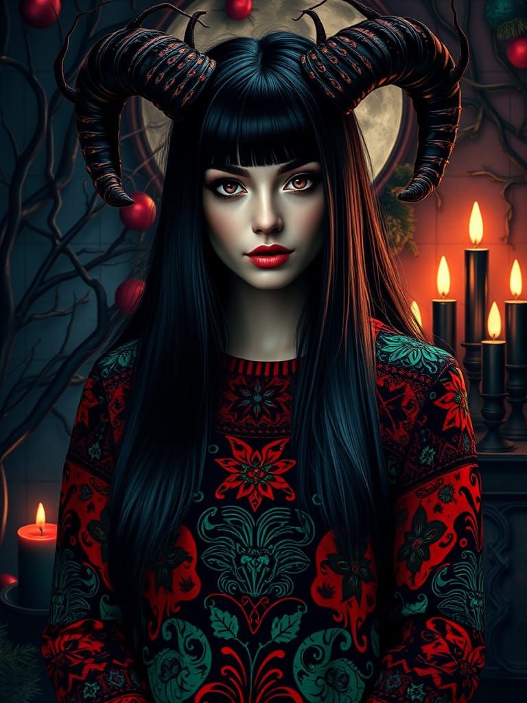Gothic Goddess in Krampus Christmas Sweater, Dark Mystical P...