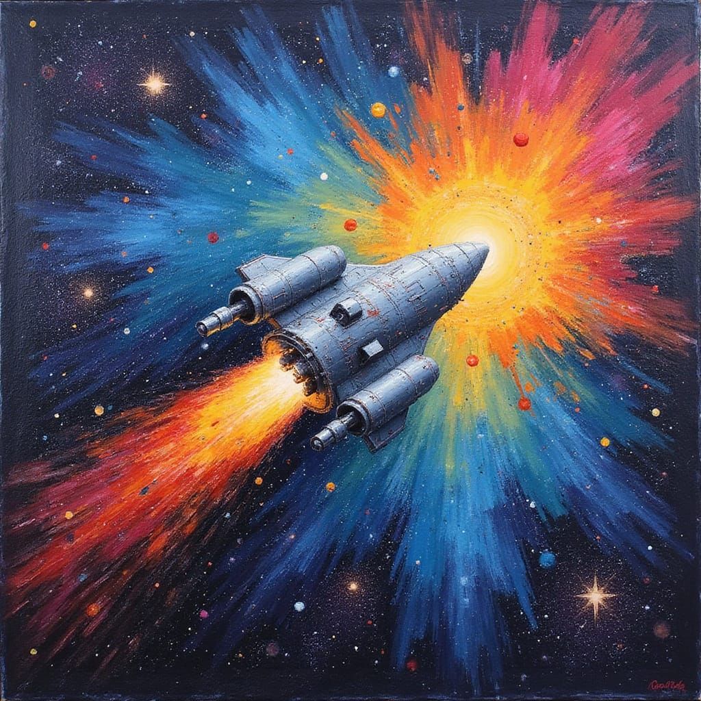 Vibrant Spaceship at Universe's End: Impasto
