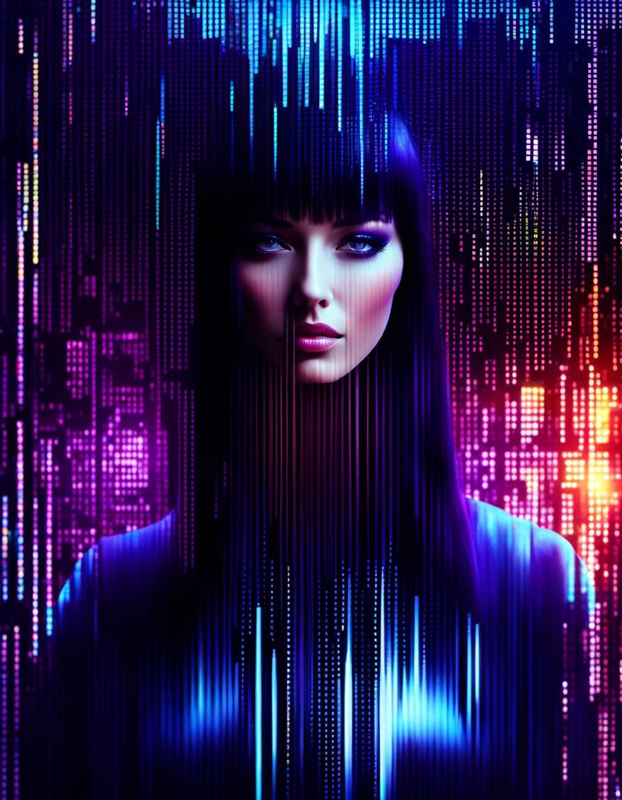 Cell-Shaded Cyberpunk Programmer in Binary Code Dream