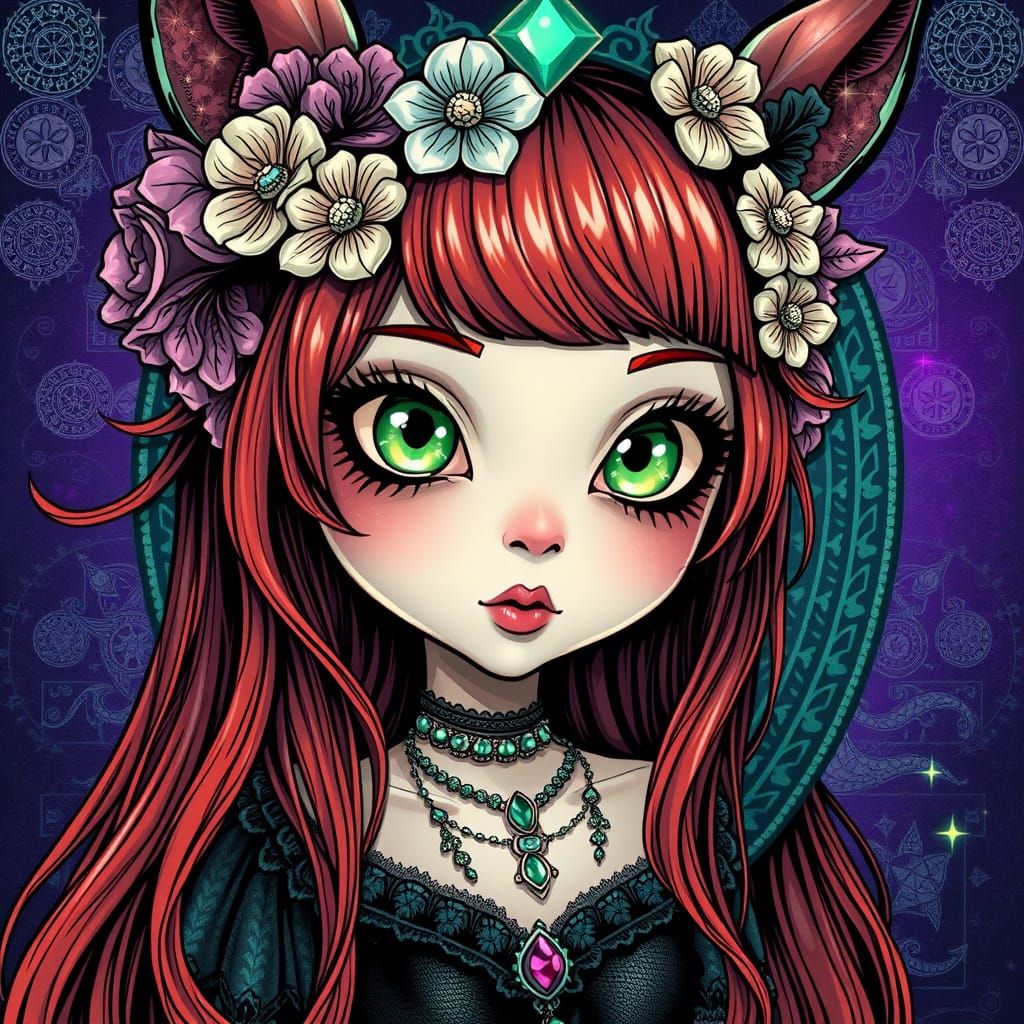 belle petite fée punky, corps entier : espiègle : grands yeux VERTS expressifs vifs et séduisants, longs cheveux roux tr...