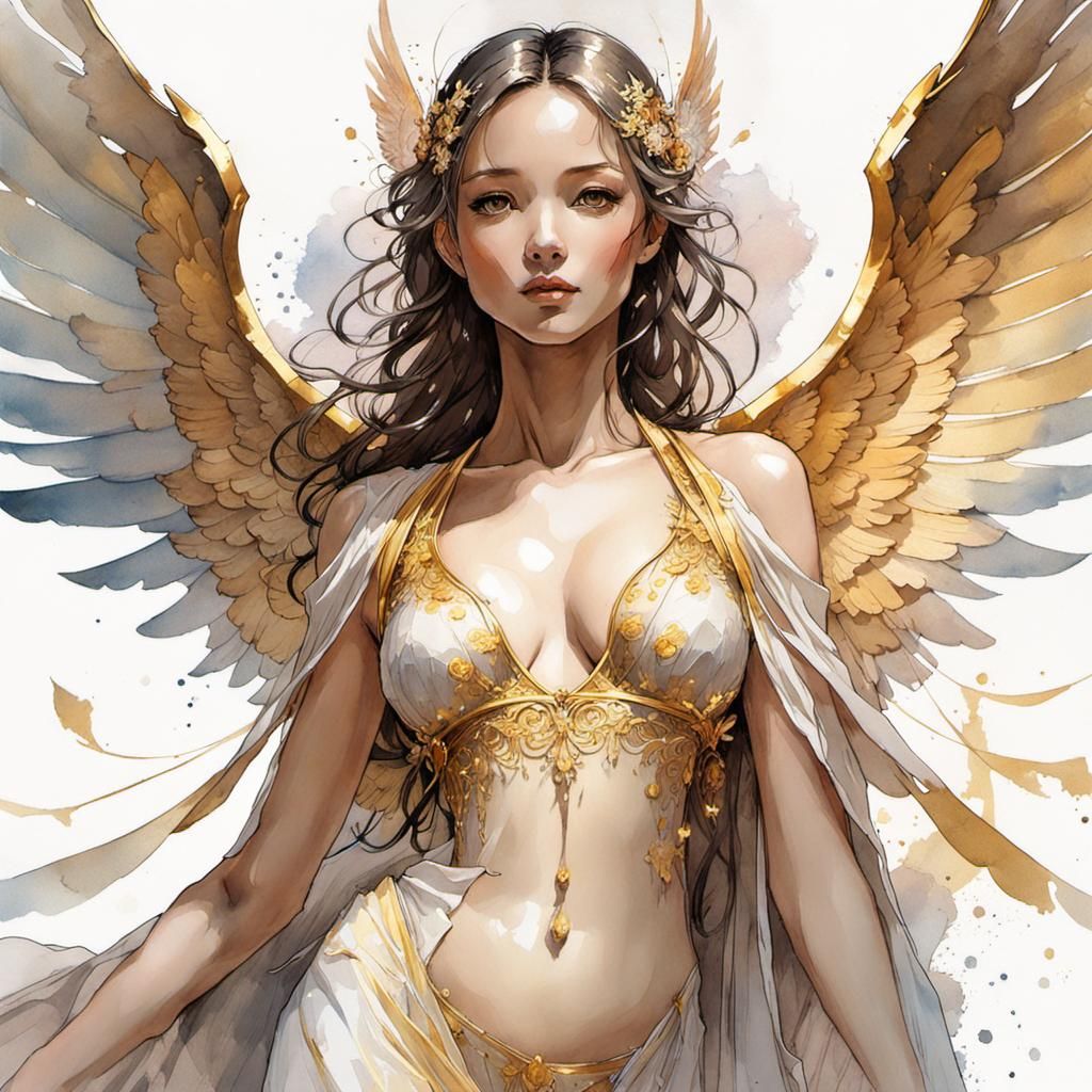 Gorgeous Angel in Golden Robes, Ink and Wash Style