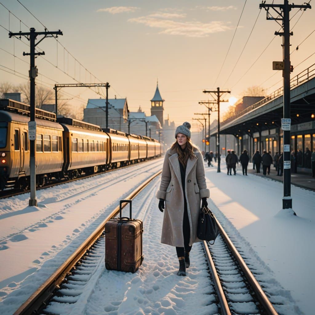 Snowy Train Station: Watercolour and Ink Illustration