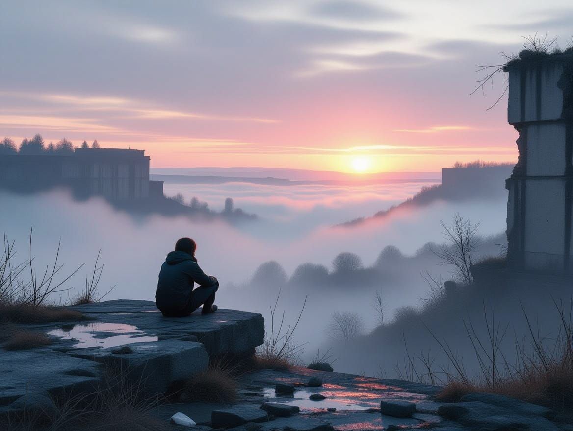 Misty Dawn Amidst Post-Industrial Ruin in Dreamy, Soft-Color...