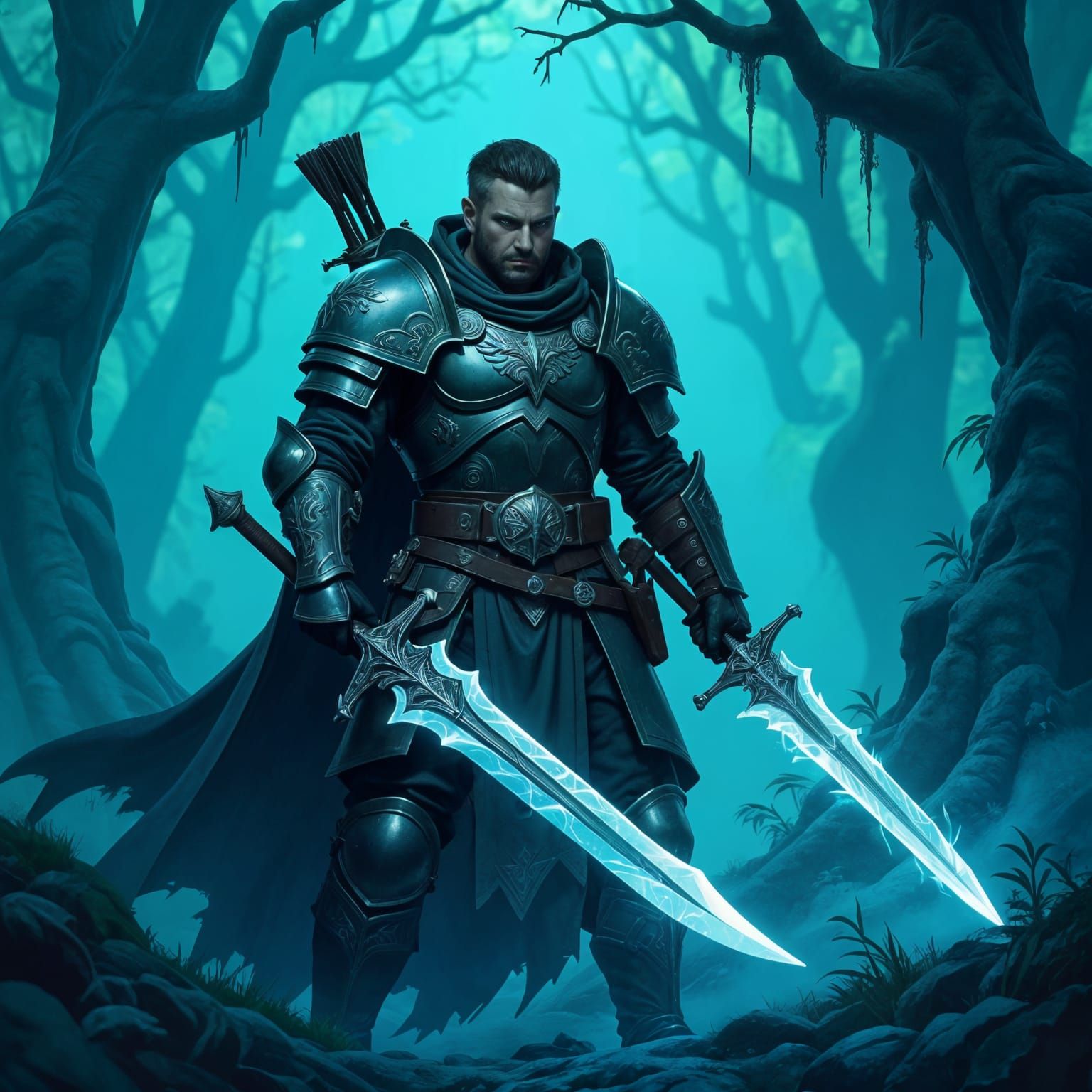 Elven Warrior in Bioluminescent Forest, Warhammer 40k Style