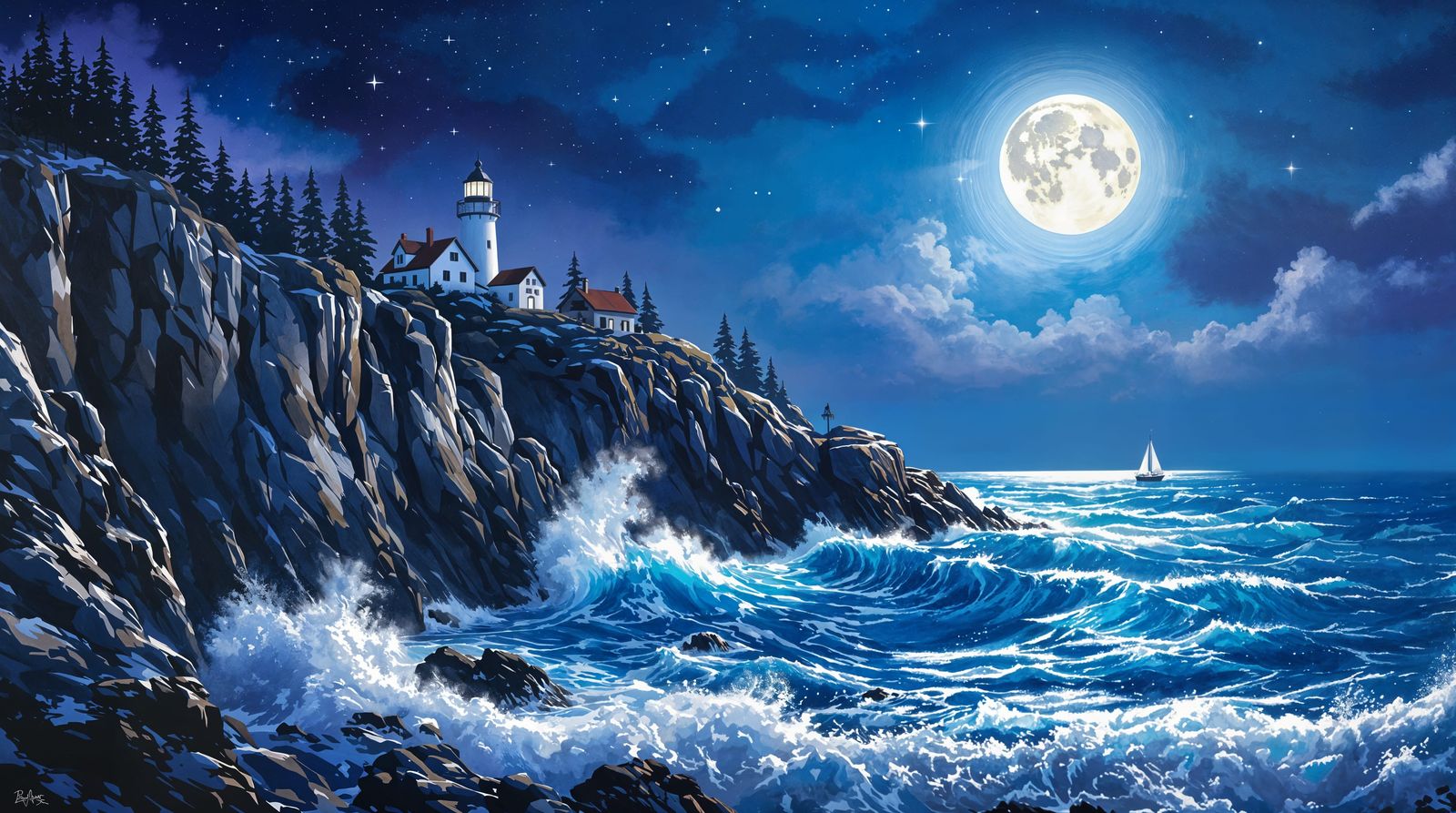 Hyperrealistic Seascape Painting of Majestic Lighthouse Unde...