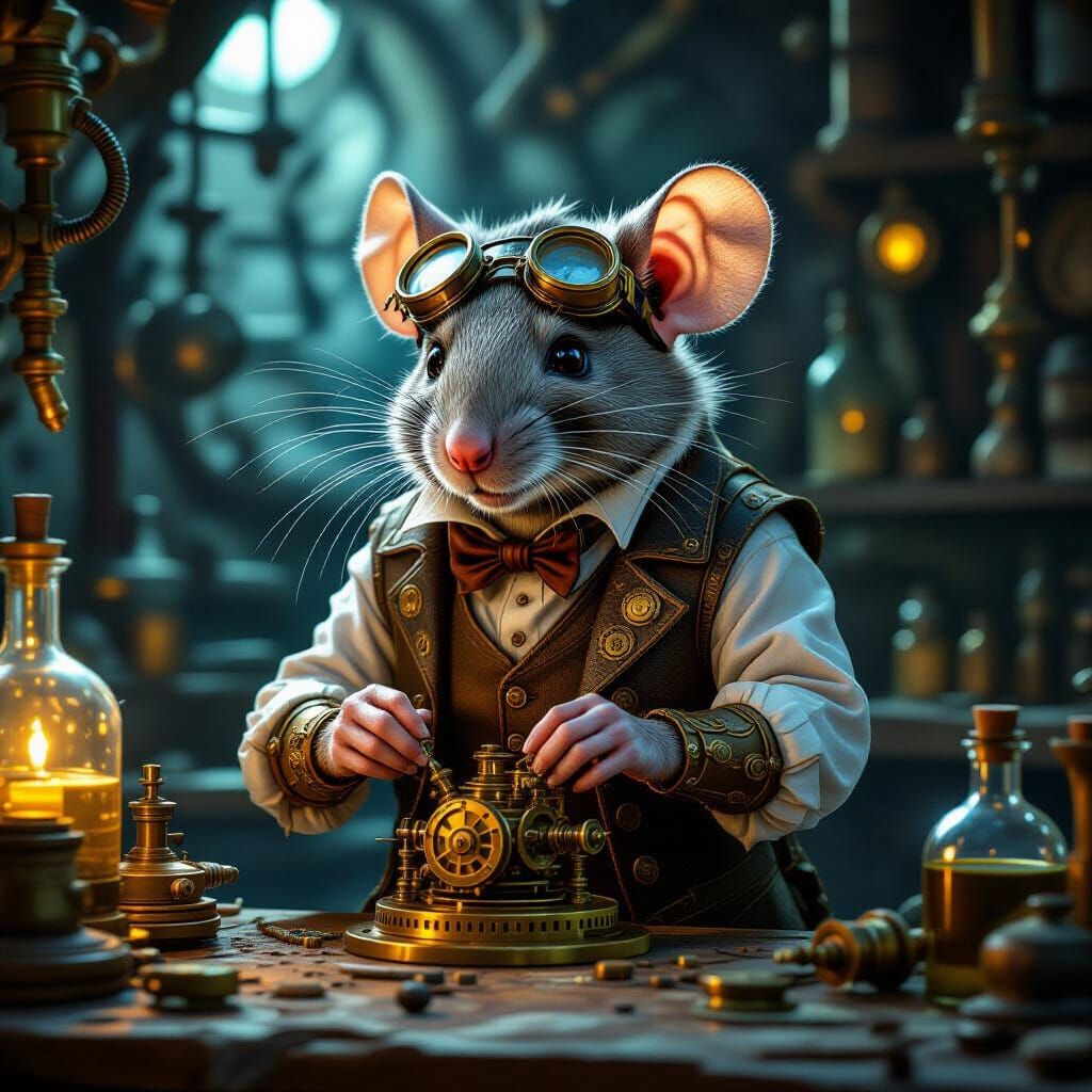 Steampunk Rat Tinkerer in a Detailed Workshop