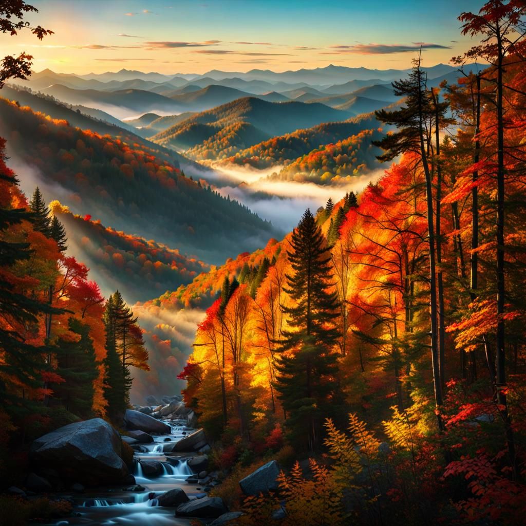 Smoky Mountains Autumn View: Art Nouveau Splash Art