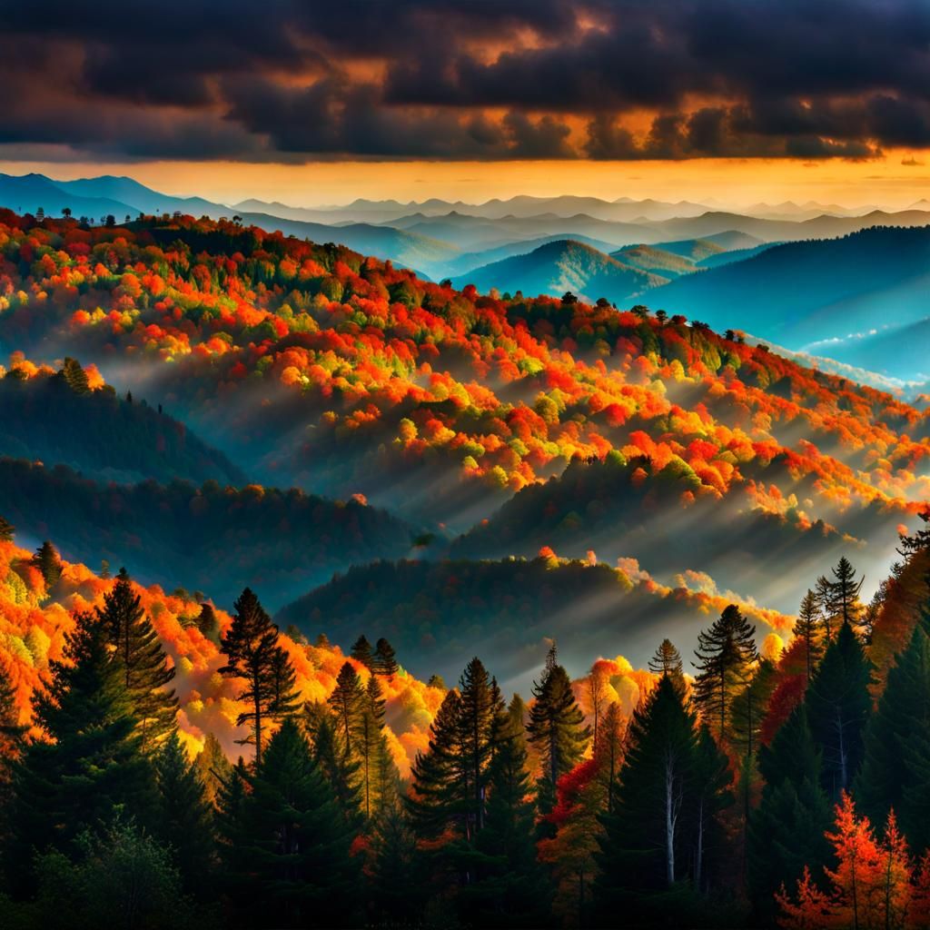 Smoky Mountains Autumn View in Art Nouveau Style