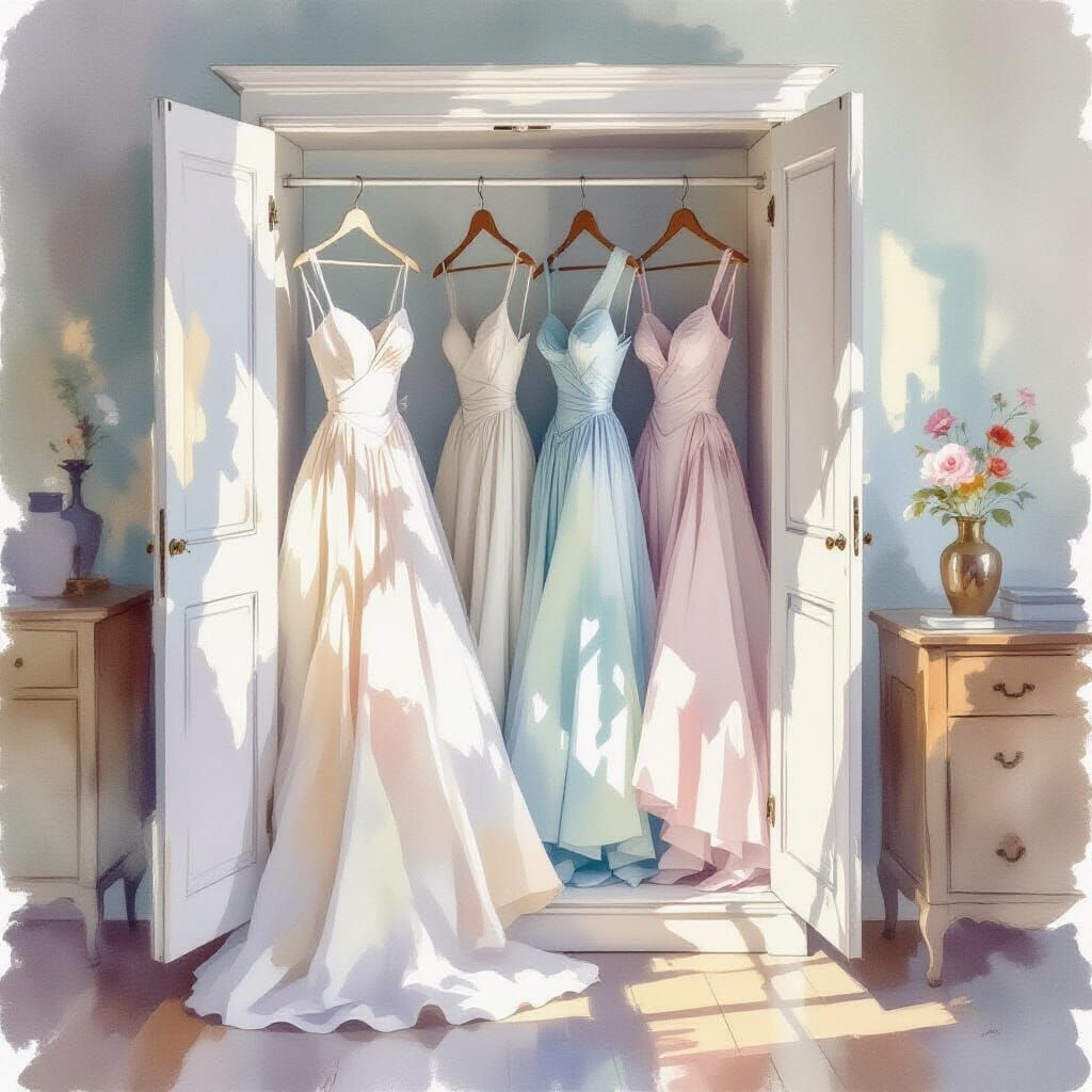 Watercolor Room with Gowns in Open Cupboard