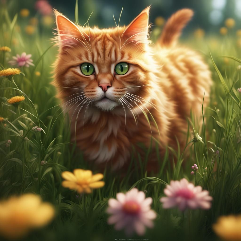 Fluffy Ginger Cat Playing in a Flower Field