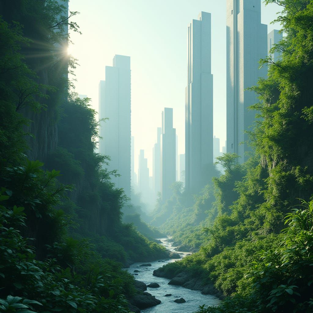 Sleek Cityscape Merges with Lush Foliage in Minimalist Style