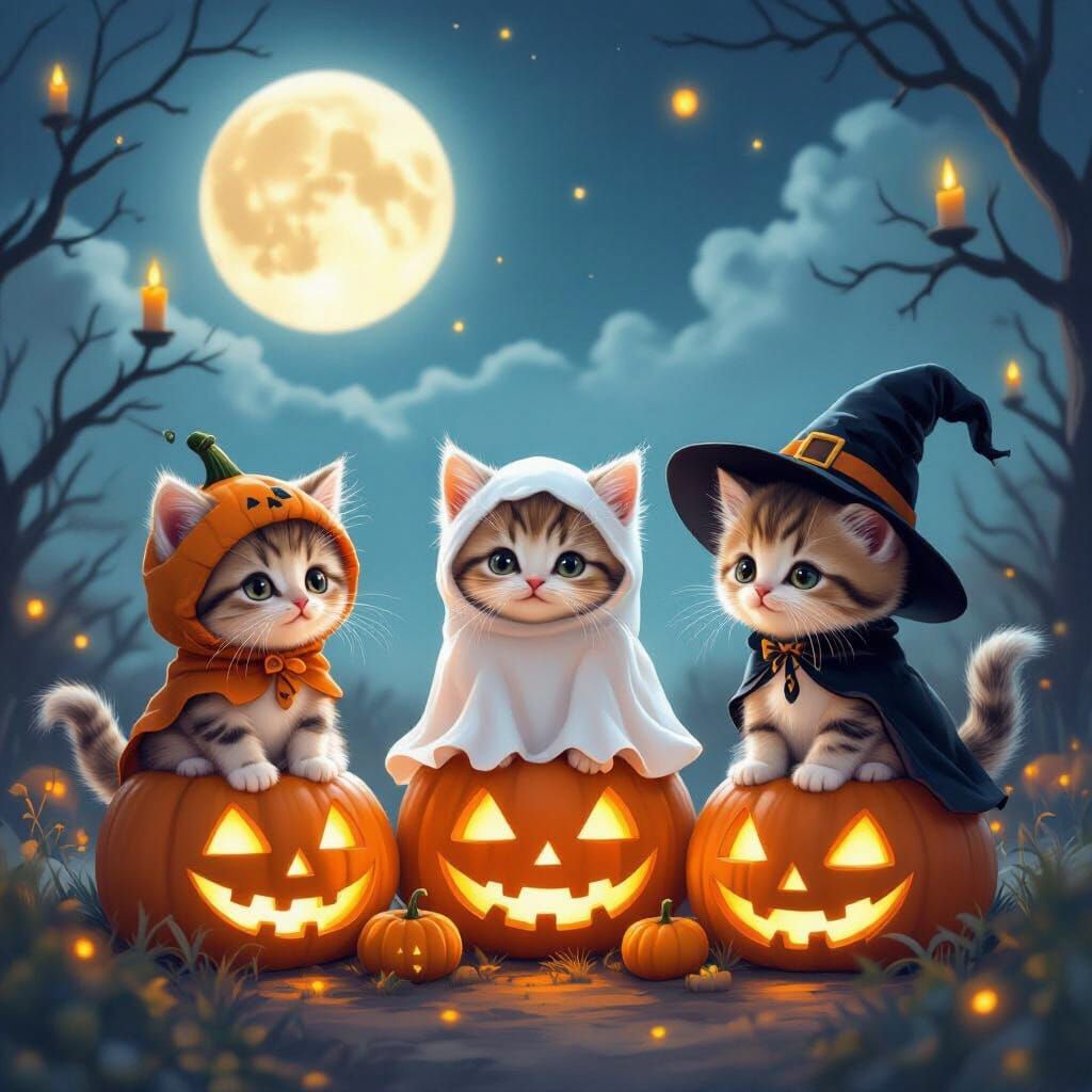 Kittens in Halloween Costumes on Glowing Pumpkins