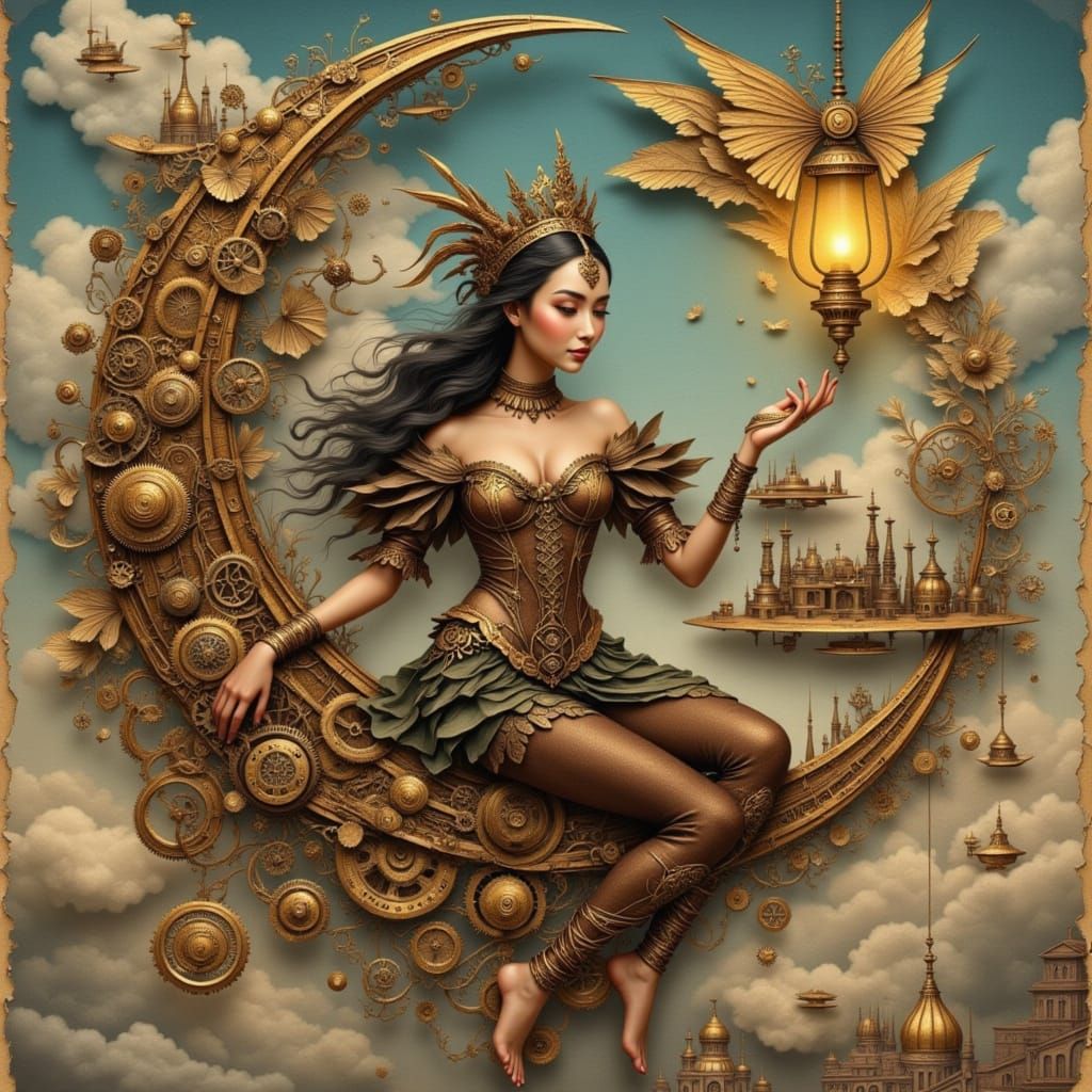 Steampunk Celestial Goddess Riding Moon Machine