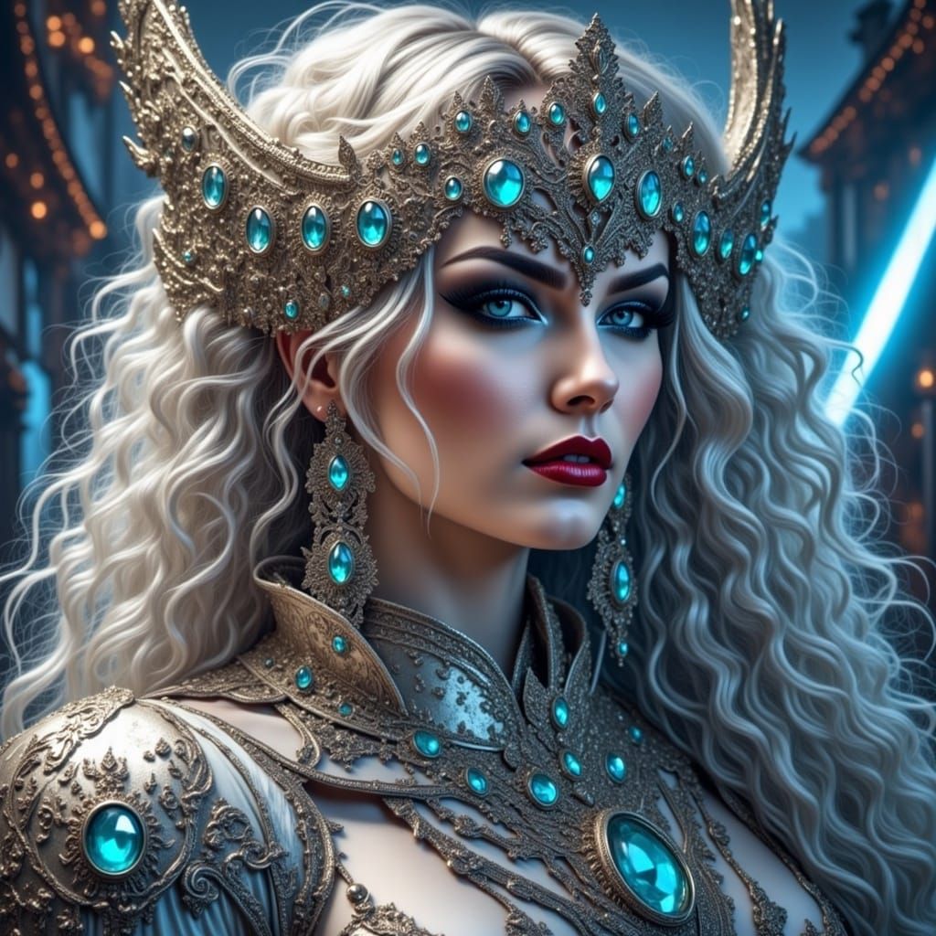 Shimmering Metallic Figure Under Electric Lighting