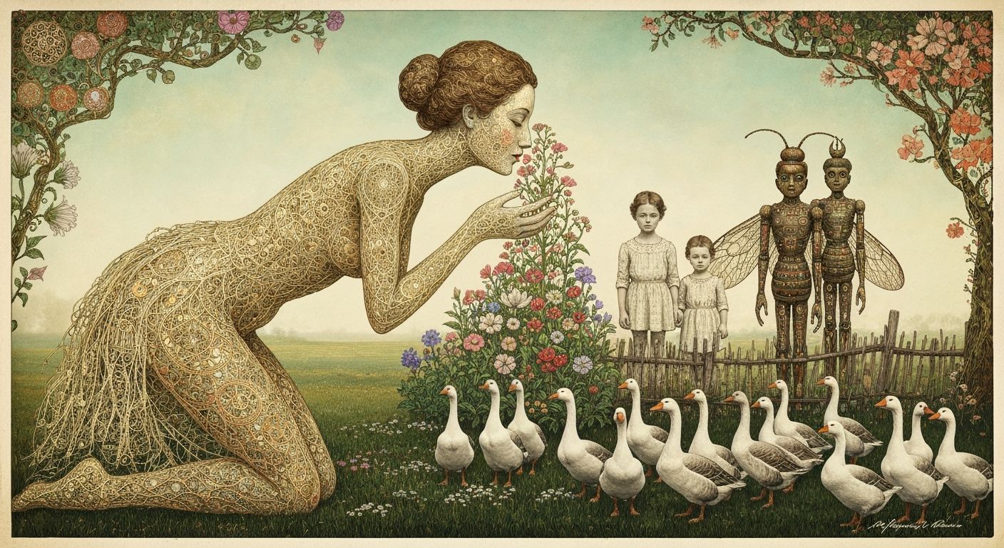 Filigree Woman Kisses Surreal Garden in Ethereal Glow