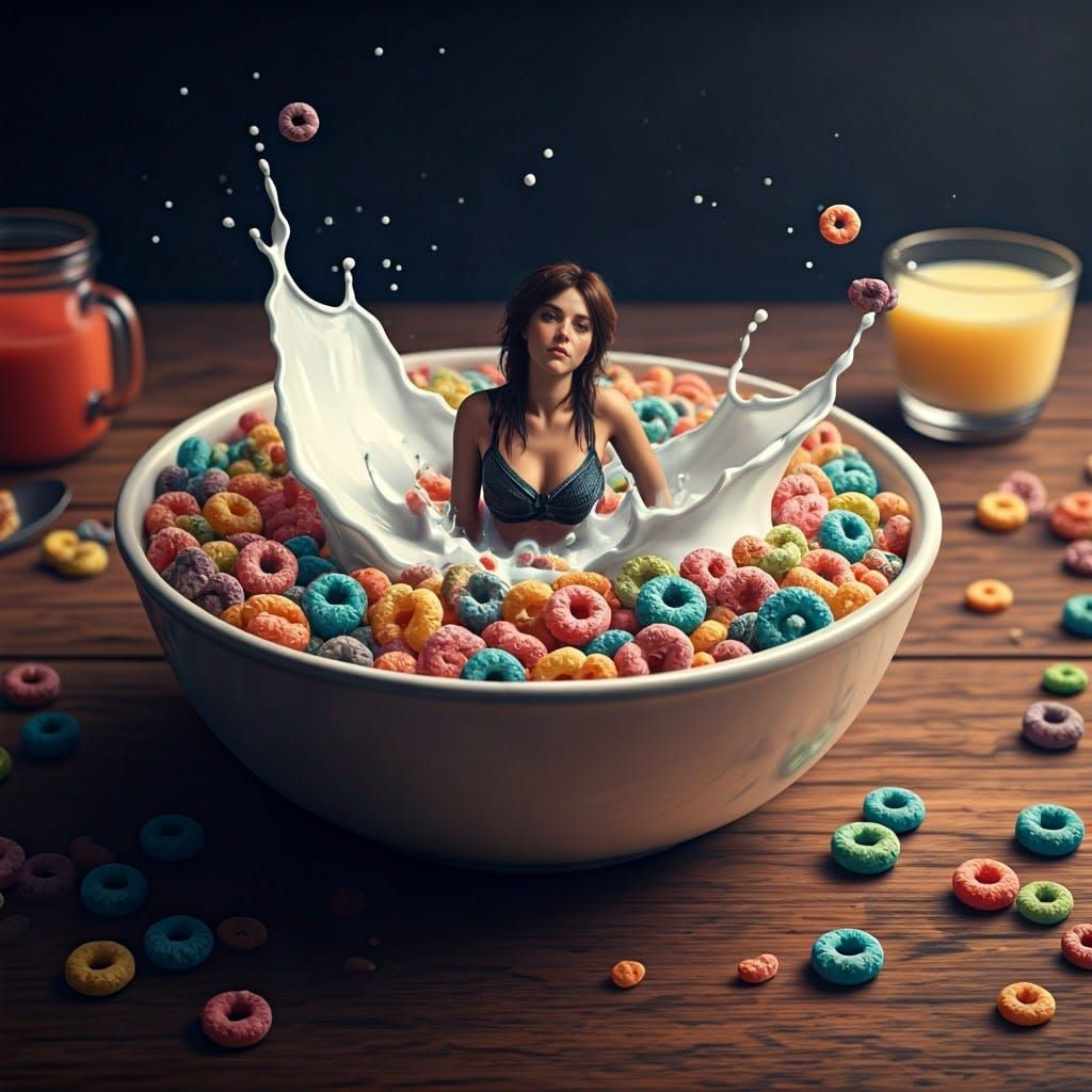 Miniature Woman Surfs Cereal Sea in Whimsical Futuristic Sce...
