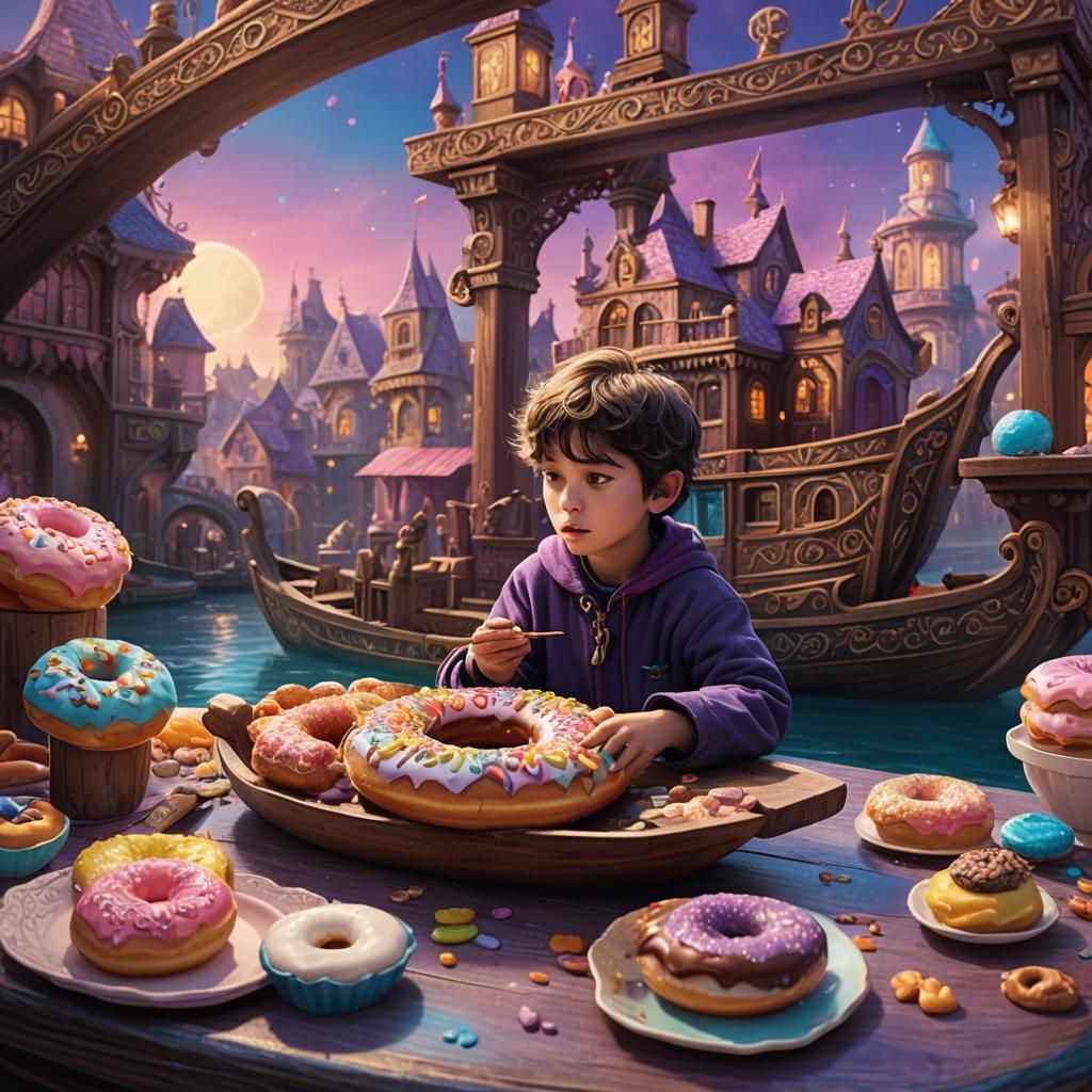 Kid Enjoying Donut in Ornate Boat, Fantasy Art