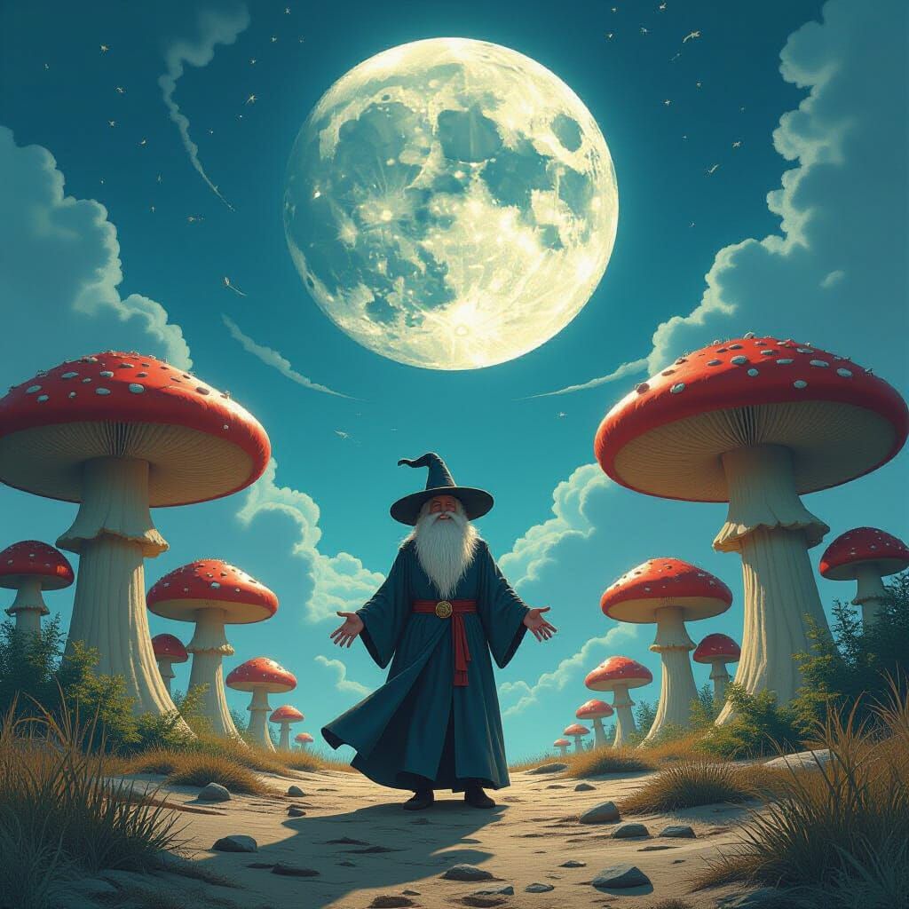 Wizard Amidst Giant Mushrooms, Dreamlike Sci-Fi Art