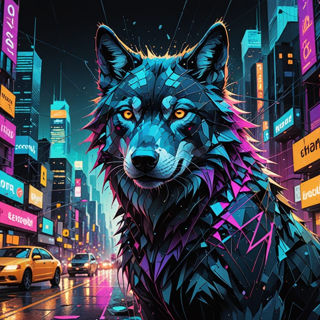 Wolf Transforms into Spiderwebs in Glitch Art Style