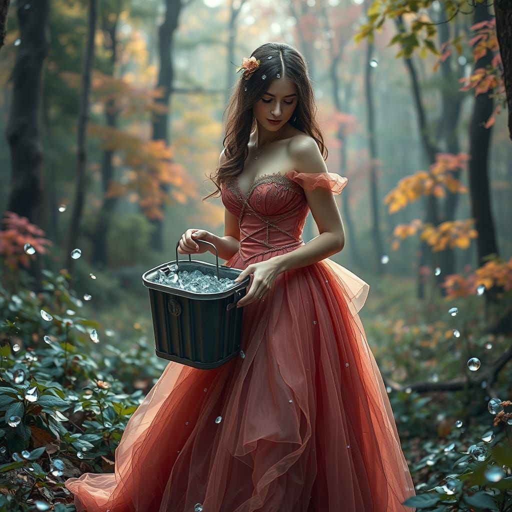 Woman Collecting Diamonds in Forest, Hyperrealistic Style