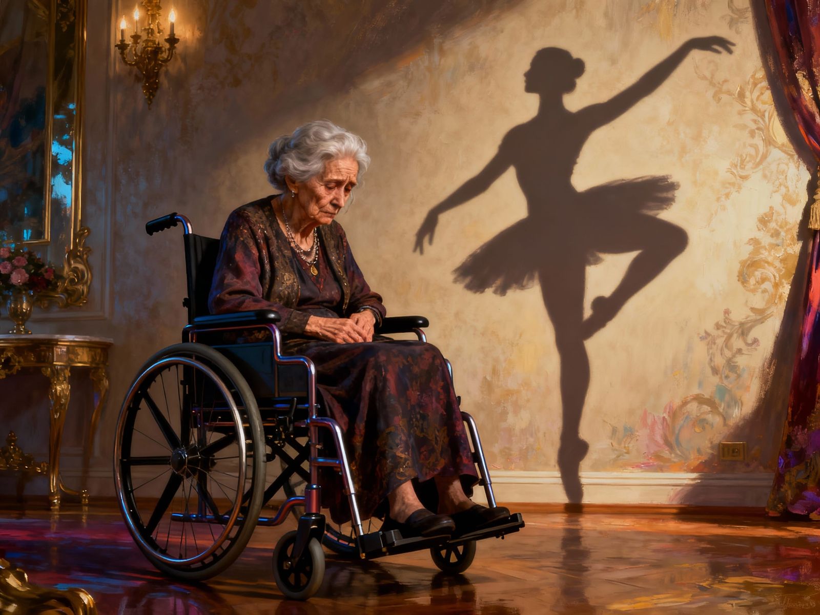 Old Woman's Sadness With Ballerina Shadow