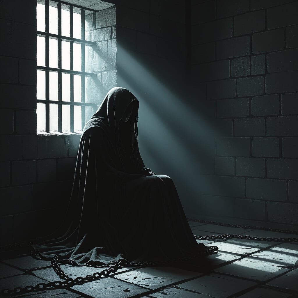 Woman in Dark Prison Cell, Cinematic Lighting