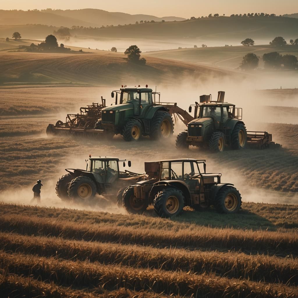 Masked Figures Destroying Farm Machinery at Dusk
