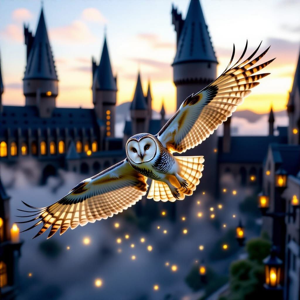 Majestic Owl Soaring Over Hogwarts at Twilight