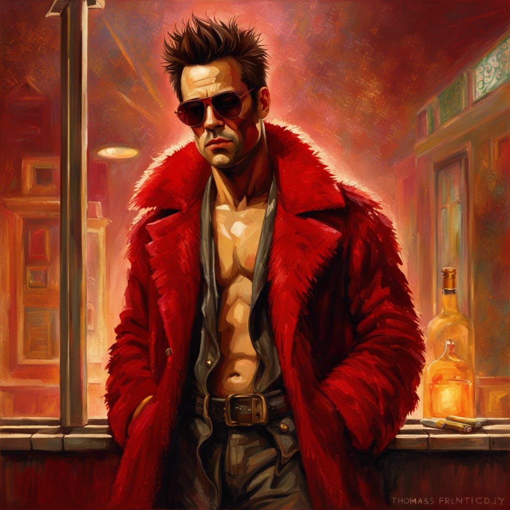 Fight Club, Tyler Durden, full body figure, red lensed sunglasses, smokes, bruised, smirk, egotistical, insomnia, fur co...