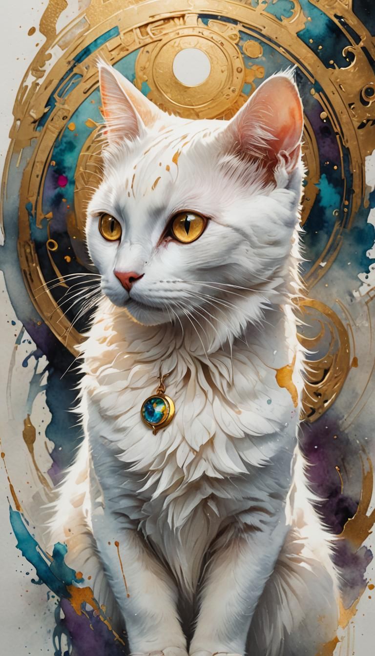 Hyperrealistic White Cat in Watercolor Dreamscape